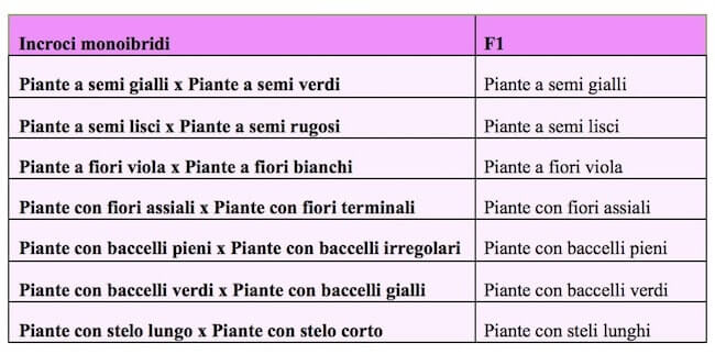 Risultati degli incroci tra linee pure che differivano per un solo carattere