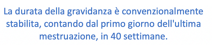 La durata della gravidanza contando dal primo giorno dell'ultima mestruazione è di 40 settimane.