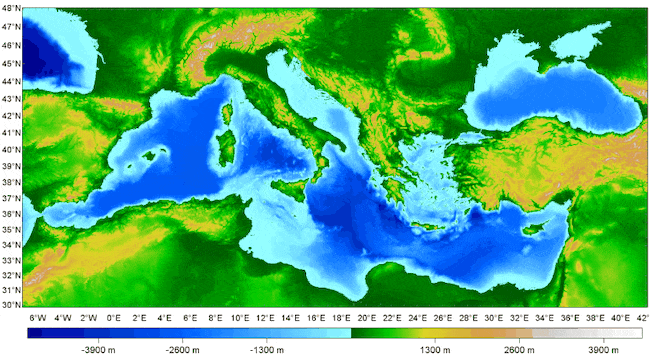 Profondità mar Mediterraneo mappa